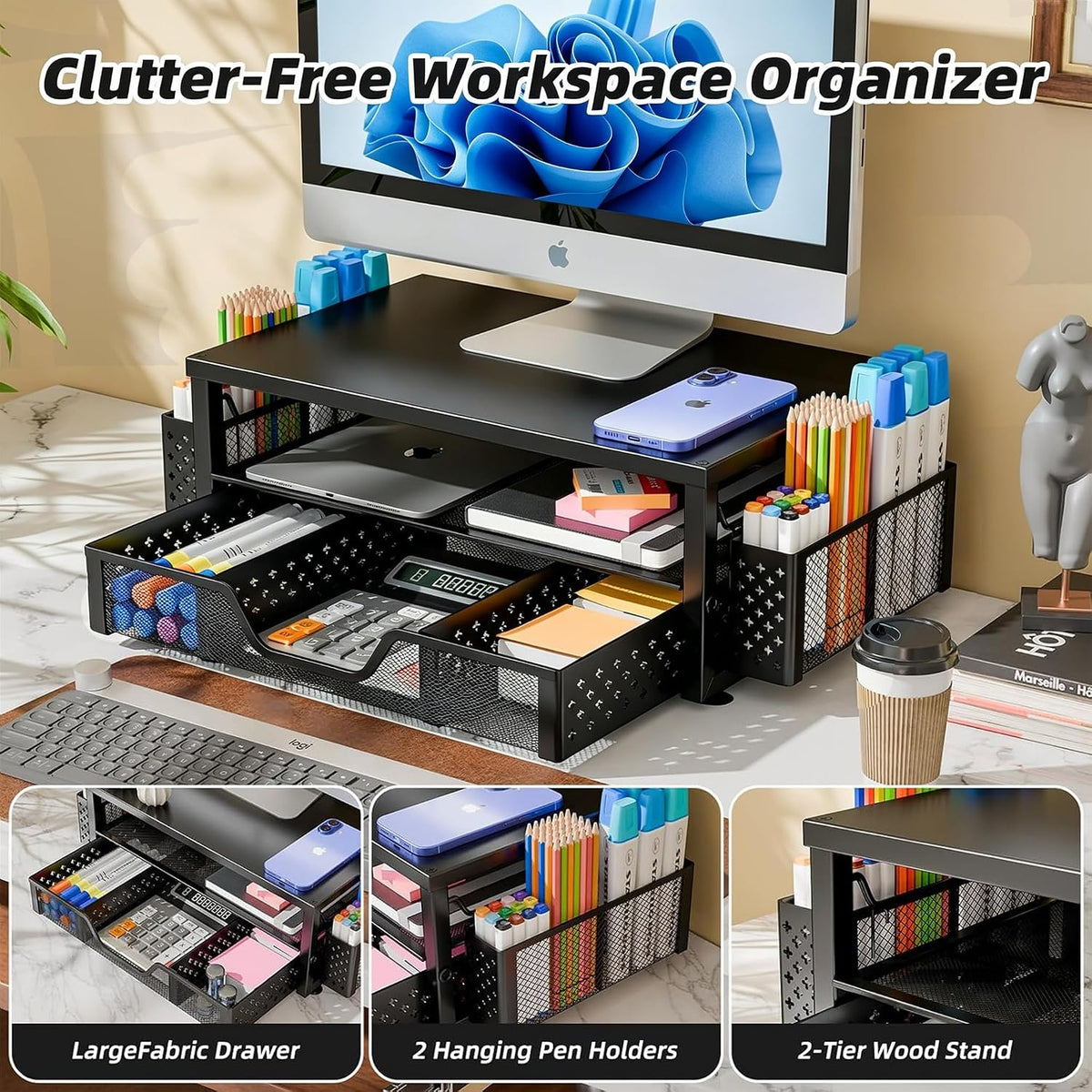 Wood Monitor Stand Riser, Desktop Oraganizer, Black