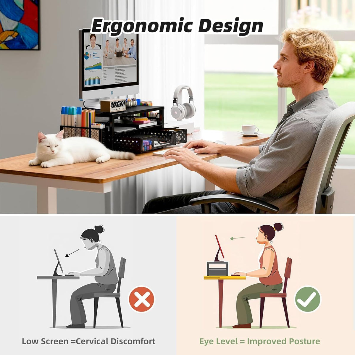 Wood Monitor Stand Riser, Desktop Oraganizer, Black