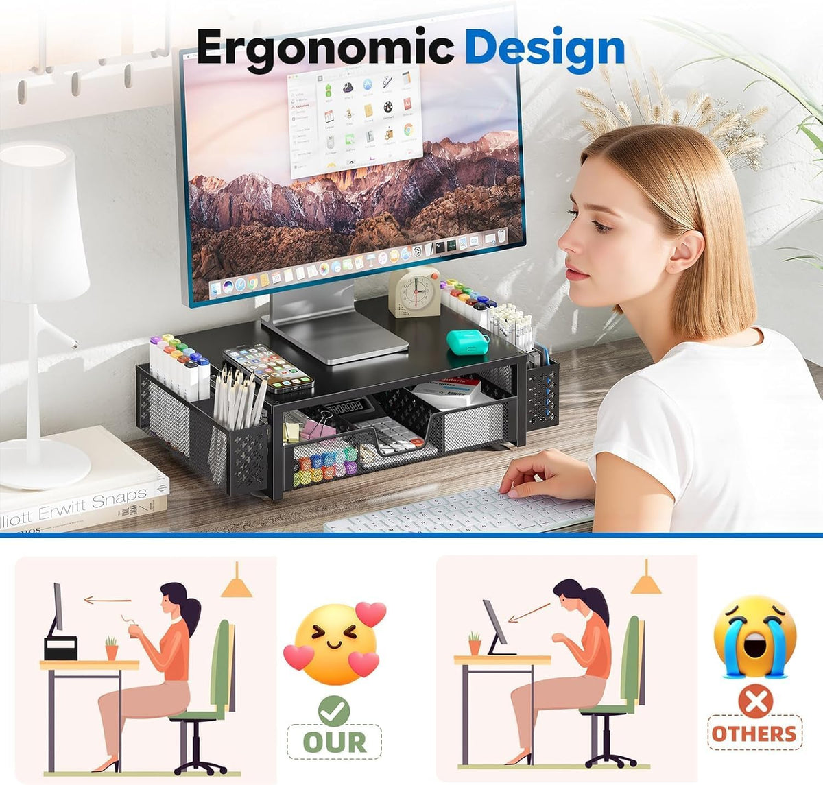 Wood Monitor Stand Riser, Desktop Oraganizer, Black