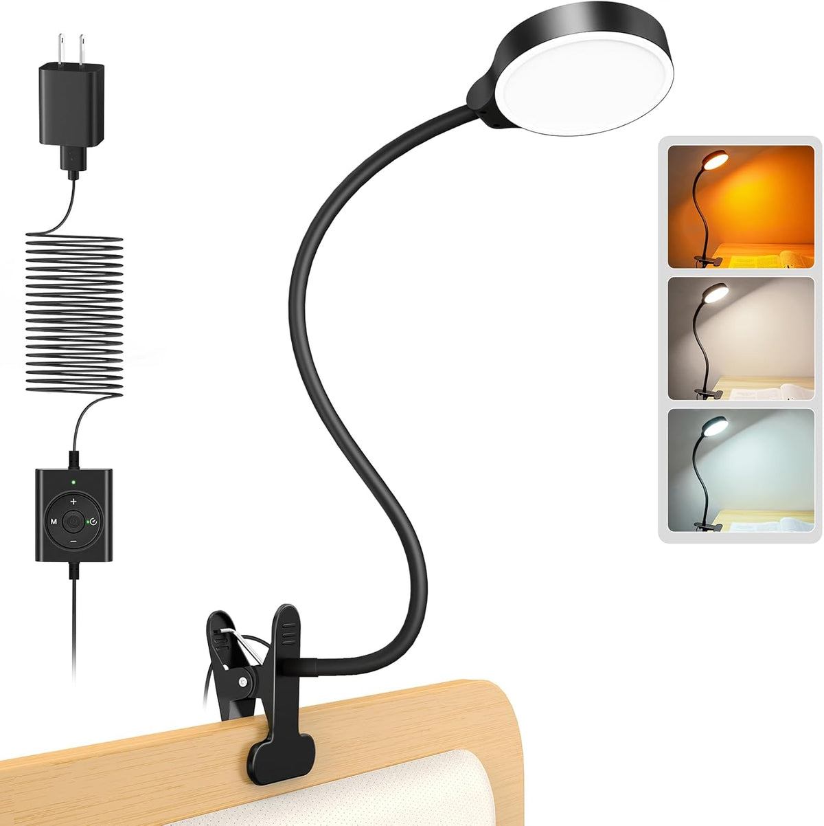 5W Clip on Light, 3 Colors & 5 Brightness Reading Light for Bed