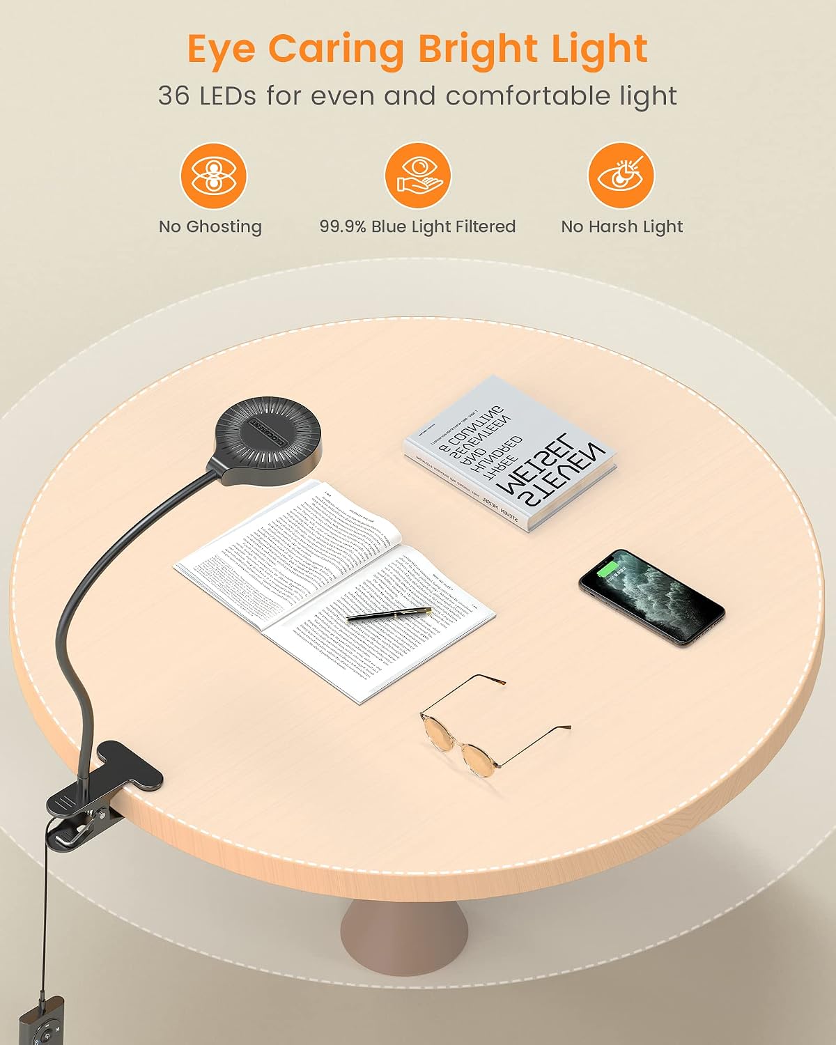 5W Clip on Light, 3 Colors & 5 Brightness Reading Light for Bed