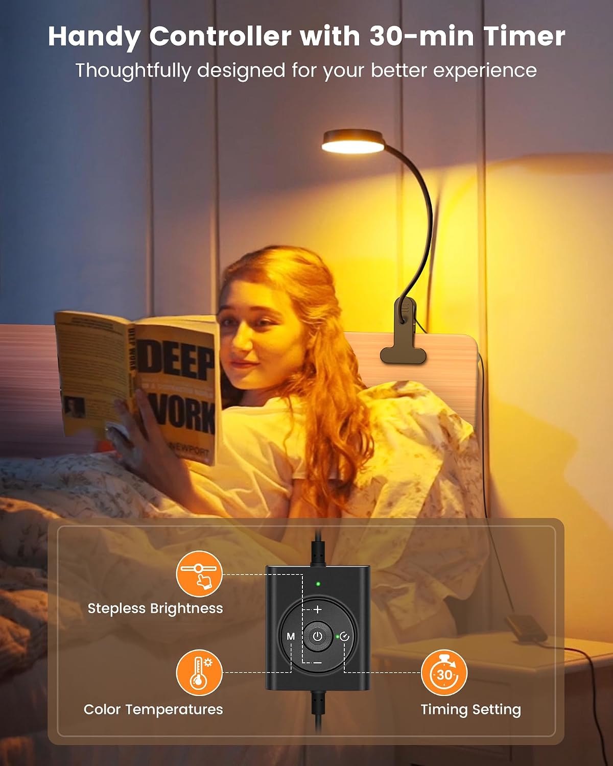 5W Clip on Light, 3 Colors & 5 Brightness Reading Light for Bed