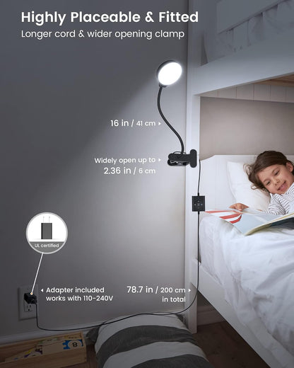 5W Clip on Light, 3 Colors & 5 Brightness Reading Light for Bed