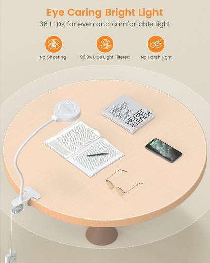 5W Clip on Light, 3 Colors & 5 Brightness Reading Light for Bed