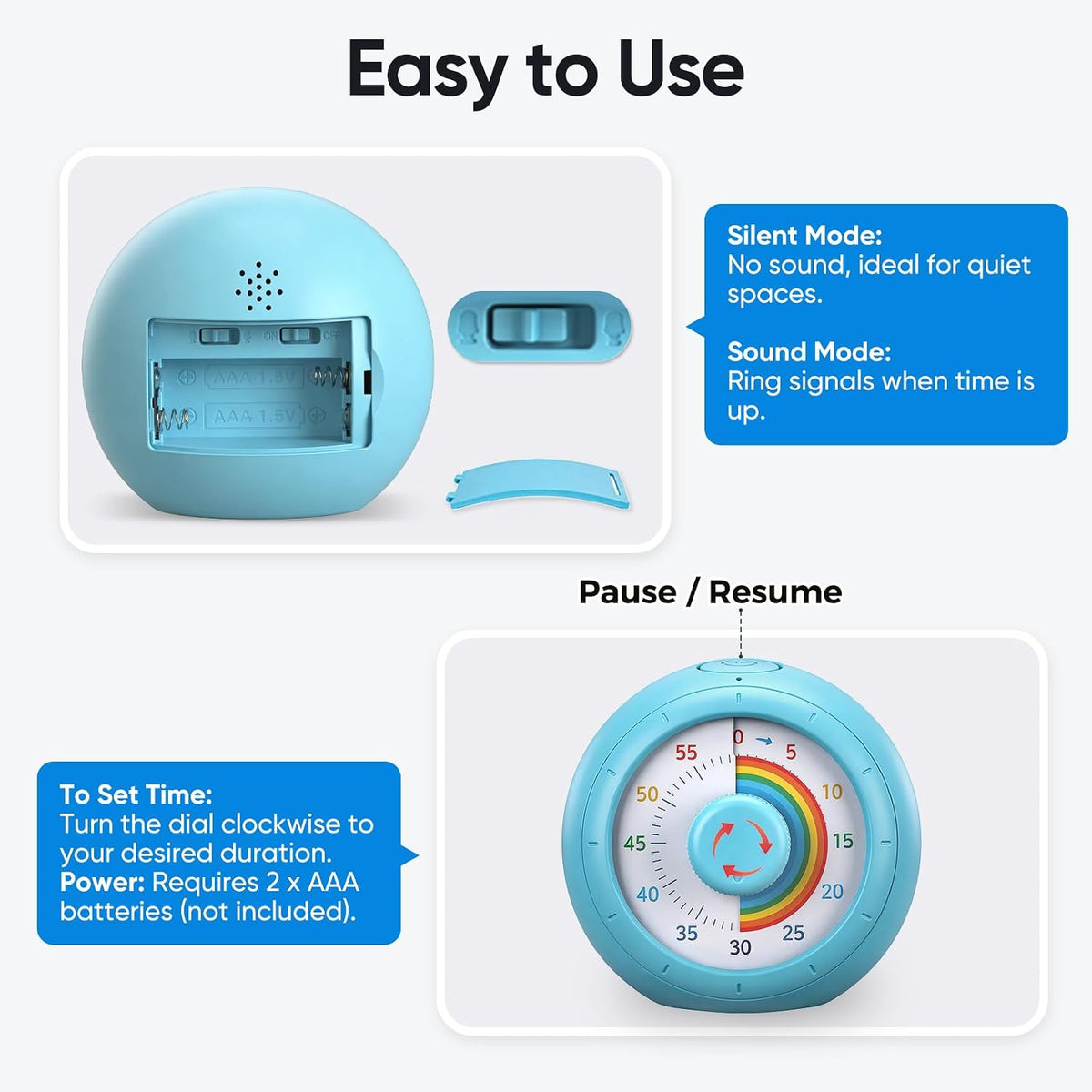 60 Minute Visual Timer for Kids, Silent Countdown Clock