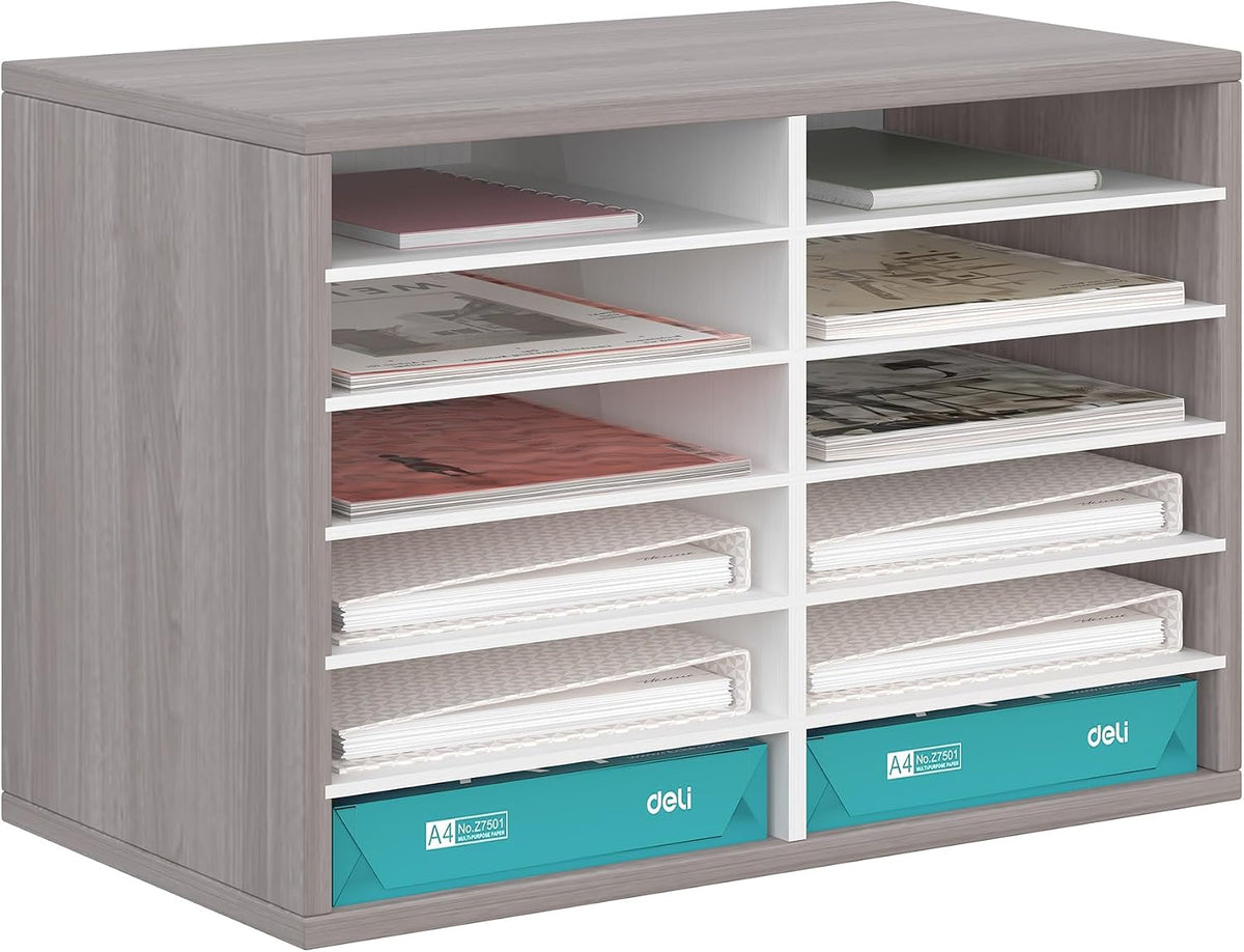 12 Compartments Wooden Literature Organizer with Adjustable Shelves, 6000 Sheets Capacity Paper Organizer, Classroom Mailbox and Mail Sorter for Teachers and Office, Retro Gray/White