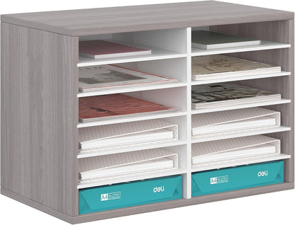 12 Compartments Wooden Literature Organizer with Adjustable Shelves, 6000 Sheets Capacity Paper Organizer, Classroom Mailbox and Mail Sorter for Teachers and Office, Retro Gray/White