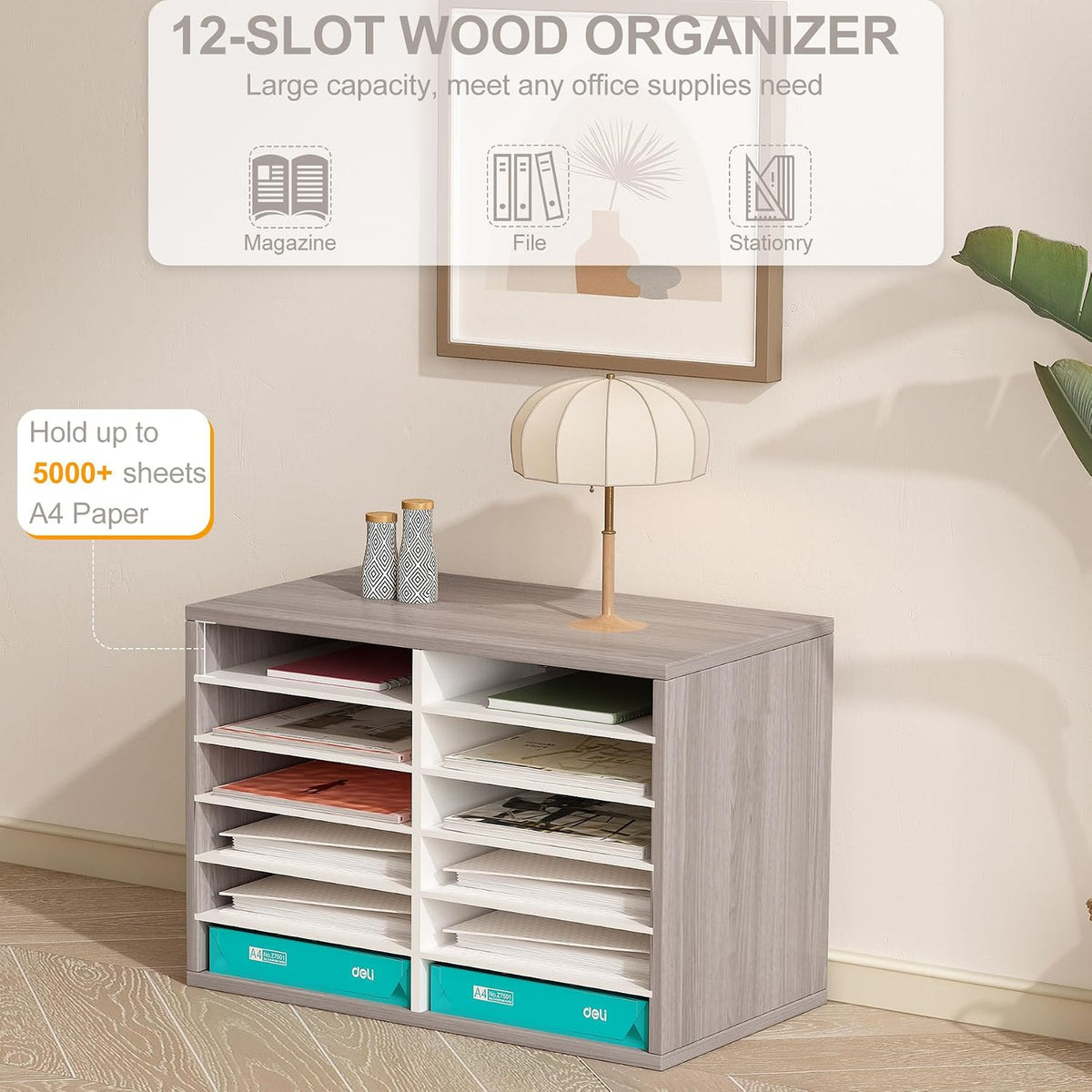 12 Compartments Wooden Literature Organizer with Adjustable Shelves, 6000 Sheets Capacity Paper Organizer, Classroom Mailbox and Mail Sorter for Teachers and Office, Retro Gray/White