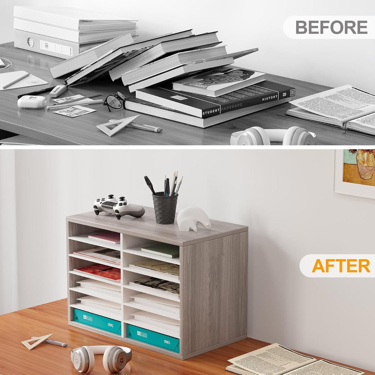 12 Compartments Wooden Literature Organizer with Adjustable Shelves, 6000 Sheets Capacity Paper Organizer, Classroom Mailbox and Mail Sorter for Teachers and Office, Retro Gray/White