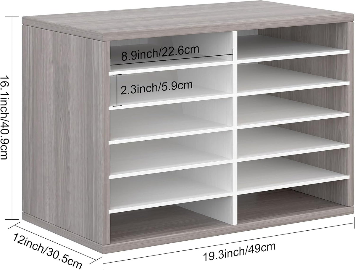 12 Compartments Wooden Literature Organizer with Adjustable Shelves, 6000 Sheets Capacity Paper Organizer, Classroom Mailbox and Mail Sorter for Teachers and Office, Retro Gray/White