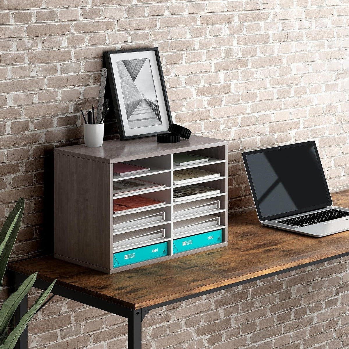 12 Compartments Wooden Literature Organizer with Adjustable Shelves, 6000 Sheets Capacity Paper Organizer, Classroom Mailbox and Mail Sorter for Teachers and Office, Retro Gray/White