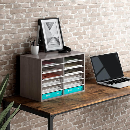 12 Compartments Wooden Literature Organizer with Adjustable Shelves, 6000 Sheets Capacity Paper Organizer, Classroom Mailbox and Mail Sorter for Teachers and Office, Retro Gray/White