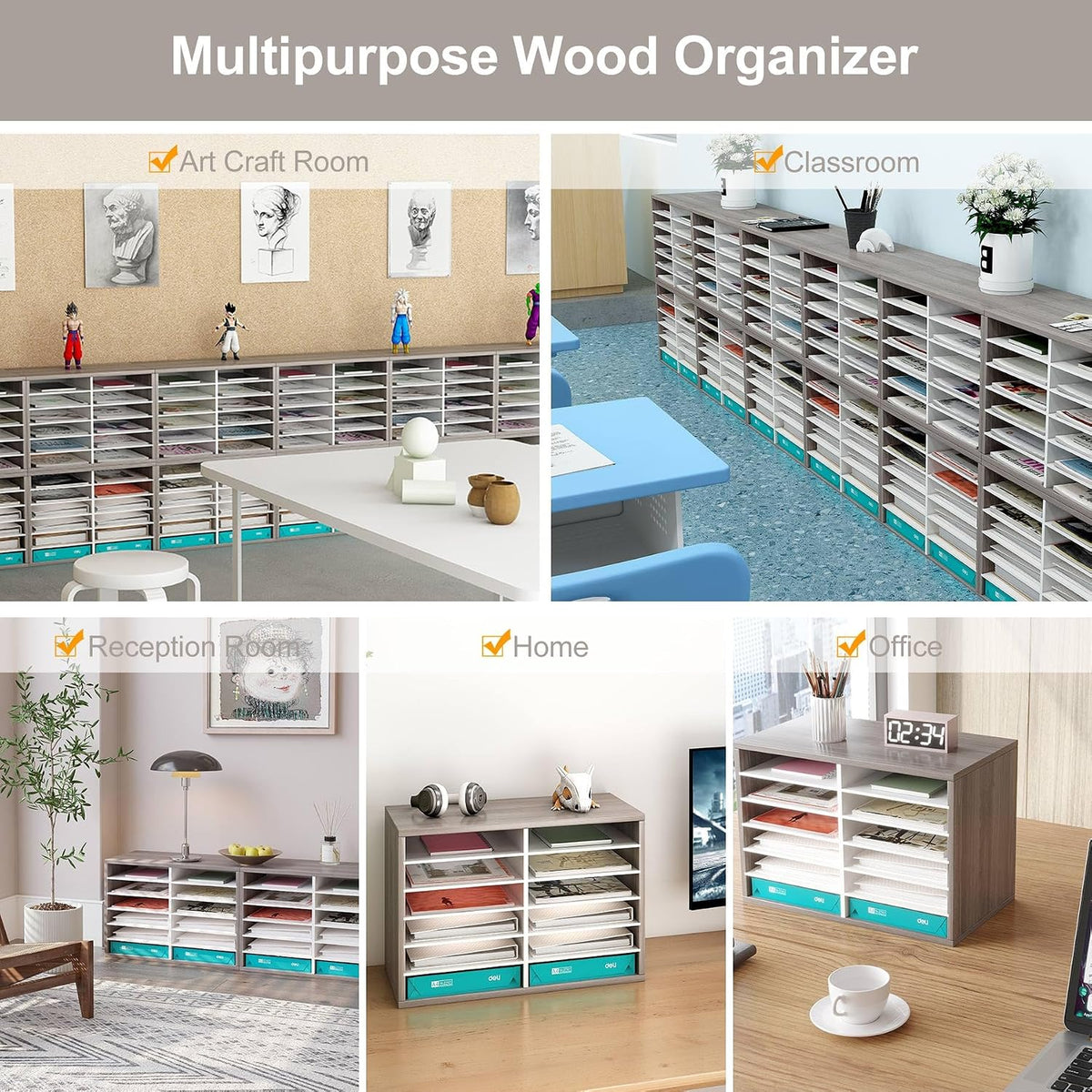 12 Compartments Wooden Literature Organizer with Adjustable Shelves, 6000 Sheets Capacity Paper Organizer, Classroom Mailbox and Mail Sorter for Teachers and Office, Retro Gray/White
