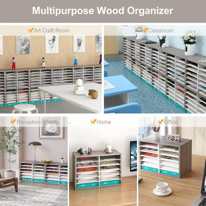 12 Compartments Wooden Literature Organizer with Adjustable Shelves, 6000 Sheets Capacity Paper Organizer, Classroom Mailbox and Mail Sorter for Teachers and Office, Retro Gray/White