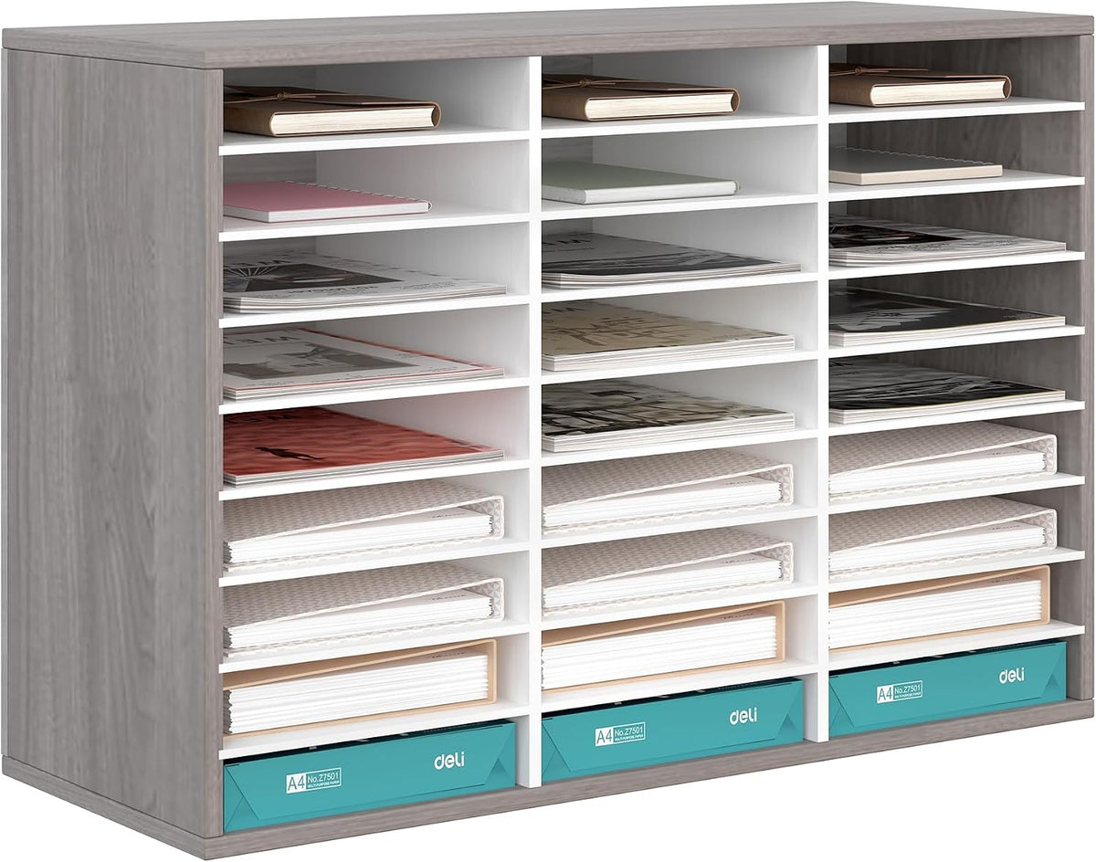 12 Compartments Wooden Literature Organizer with Adjustable Shelves, 6000 Sheets Capacity Paper Organizer, Classroom Mailbox and Mail Sorter for Teachers and Office, Retro Gray/White
