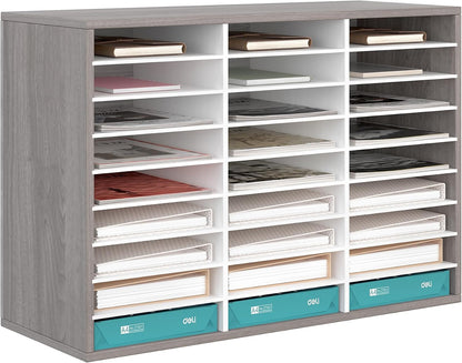 12 Compartments Wooden Literature Organizer with Adjustable Shelves, 6000 Sheets Capacity Paper Organizer, Classroom Mailbox and Mail Sorter for Teachers and Office, Retro Gray/White