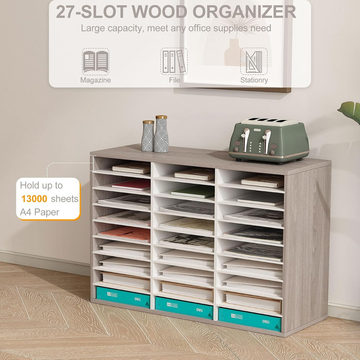 12 Compartments Wooden Literature Organizer with Adjustable Shelves, 6000 Sheets Capacity Paper Organizer, Classroom Mailbox and Mail Sorter for Teachers and Office, Retro Gray/White