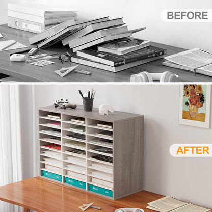 12 Compartments Wooden Literature Organizer with Adjustable Shelves, 6000 Sheets Capacity Paper Organizer, Classroom Mailbox and Mail Sorter for Teachers and Office, Retro Gray/White