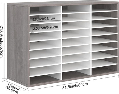 12 Compartments Wooden Literature Organizer with Adjustable Shelves, 6000 Sheets Capacity Paper Organizer, Classroom Mailbox and Mail Sorter for Teachers and Office, Retro Gray/White