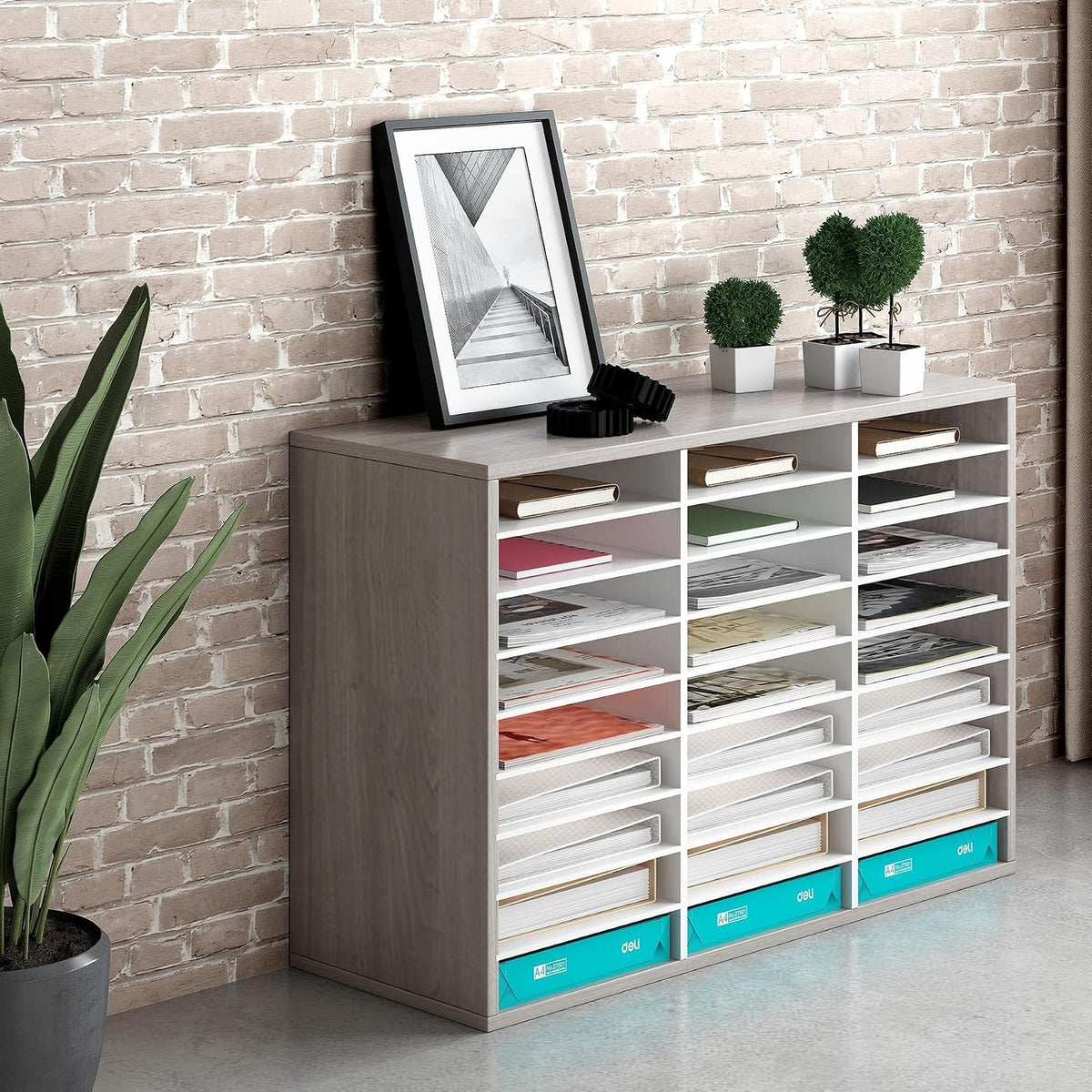 12 Compartments Wooden Literature Organizer with Adjustable Shelves, 6000 Sheets Capacity Paper Organizer, Classroom Mailbox and Mail Sorter for Teachers and Office, Retro Gray/White
