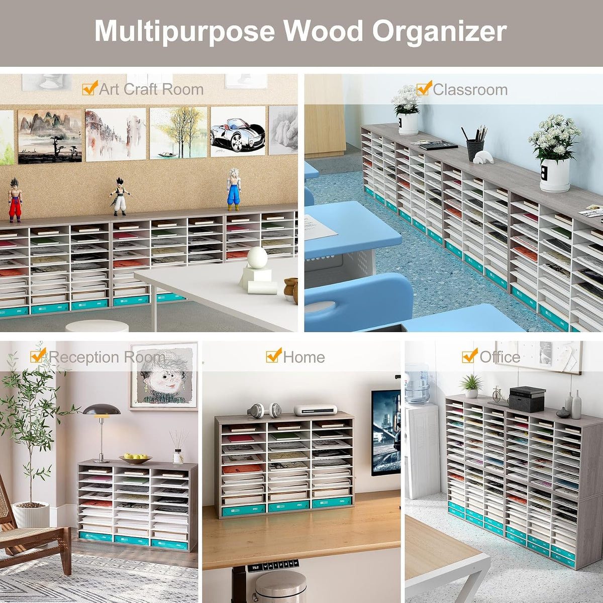 12 Compartments Wooden Literature Organizer with Adjustable Shelves, 6000 Sheets Capacity Paper Organizer, Classroom Mailbox and Mail Sorter for Teachers and Office, Retro Gray/White