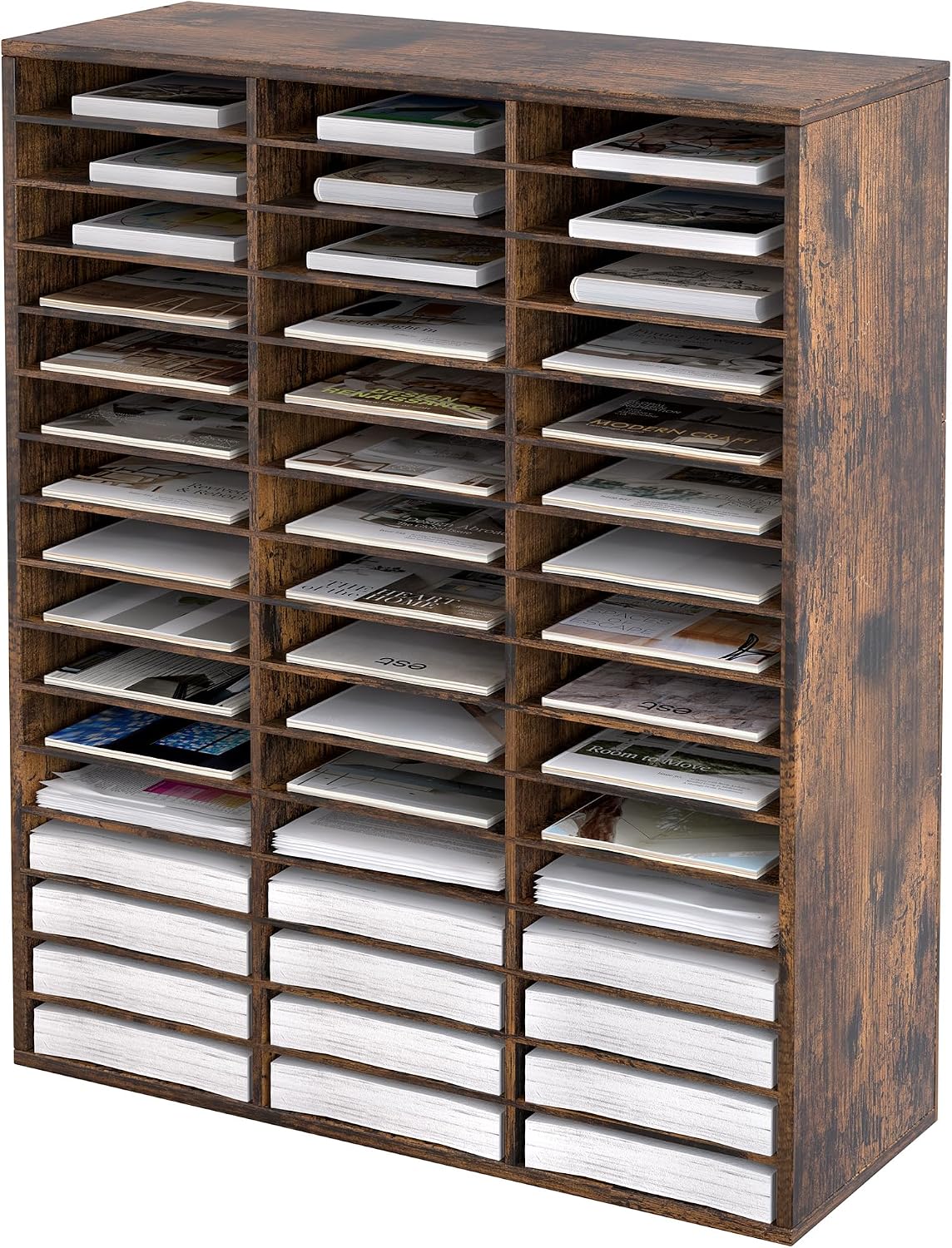 12 Compartments Wooden Literature Organizer with Adjustable Shelves, 6000 Sheets Capacity Paper Organizer, Classroom Mailbox and Mail Sorter for Teachers and Office, Retro Gray/White