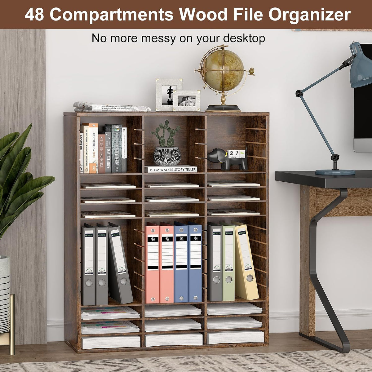 12 Compartments Wooden Literature Organizer with Adjustable Shelves, 6000 Sheets Capacity Paper Organizer, Classroom Mailbox and Mail Sorter for Teachers and Office, Retro Gray/White