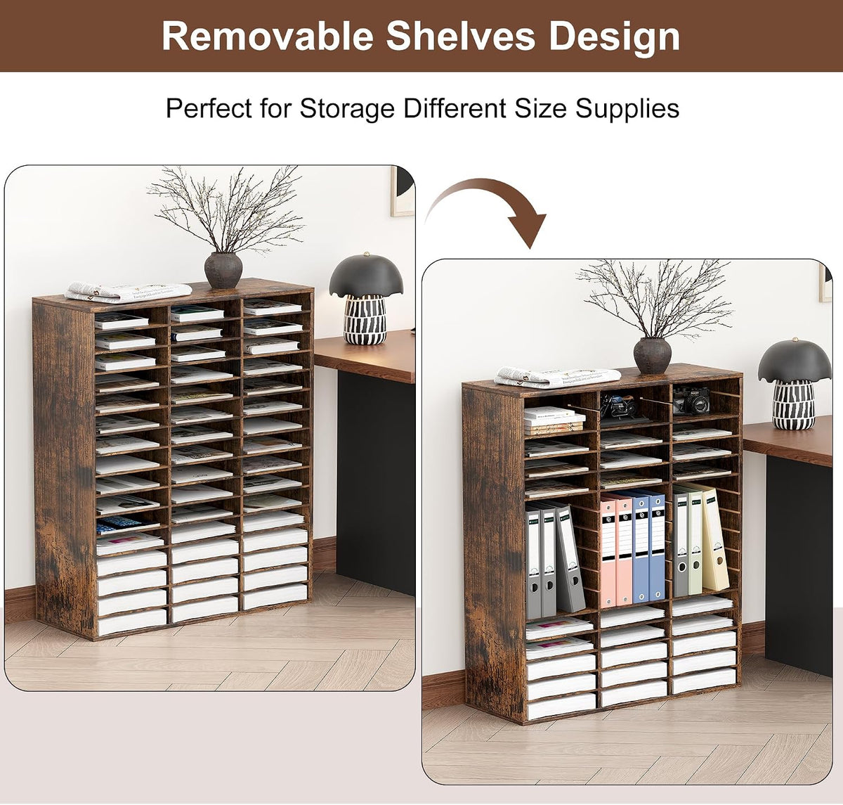 12 Compartments Wooden Literature Organizer with Adjustable Shelves, 6000 Sheets Capacity Paper Organizer, Classroom Mailbox and Mail Sorter for Teachers and Office, Retro Gray/White