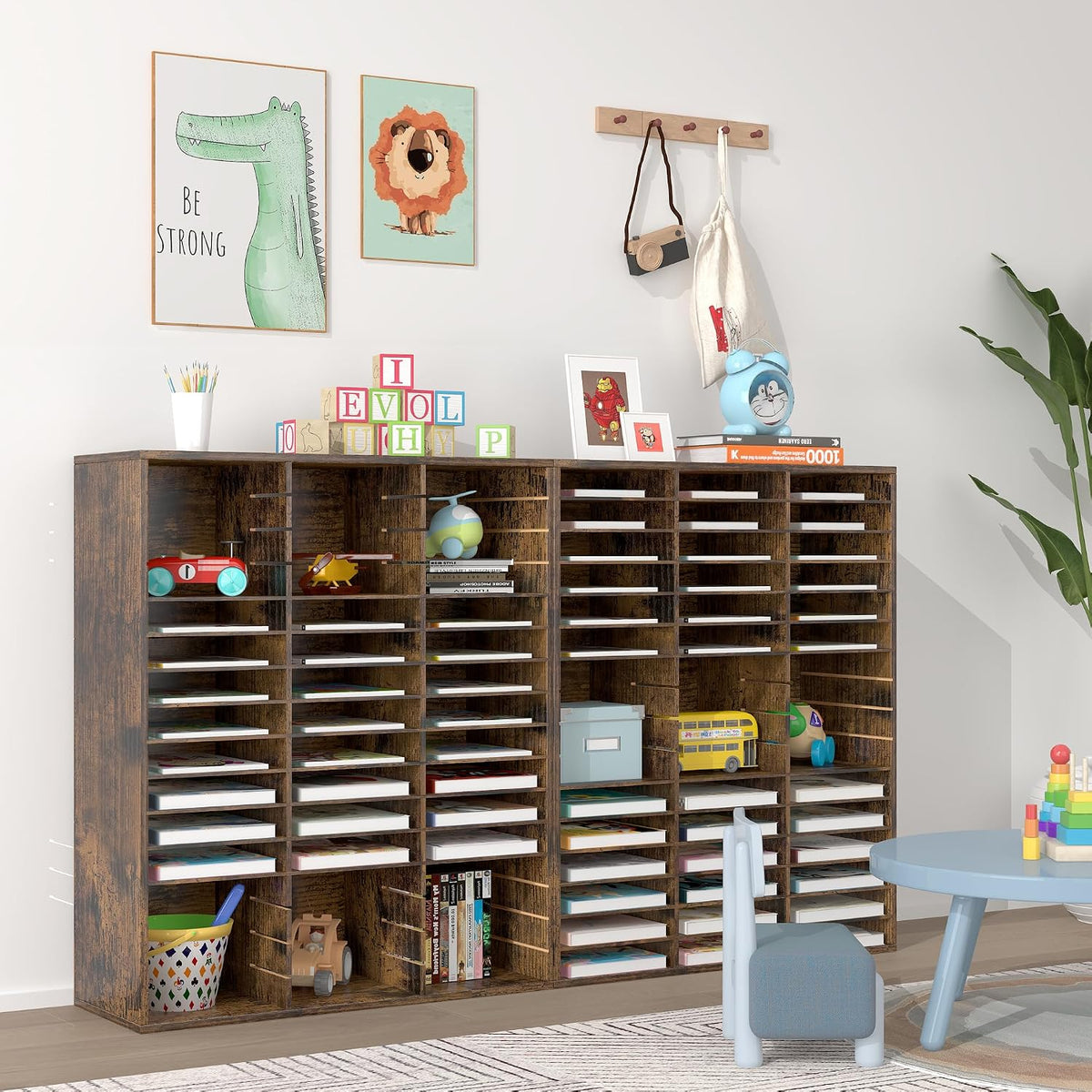 12 Compartments Wooden Literature Organizer with Adjustable Shelves, 6000 Sheets Capacity Paper Organizer, Classroom Mailbox and Mail Sorter for Teachers and Office, Retro Gray/White
