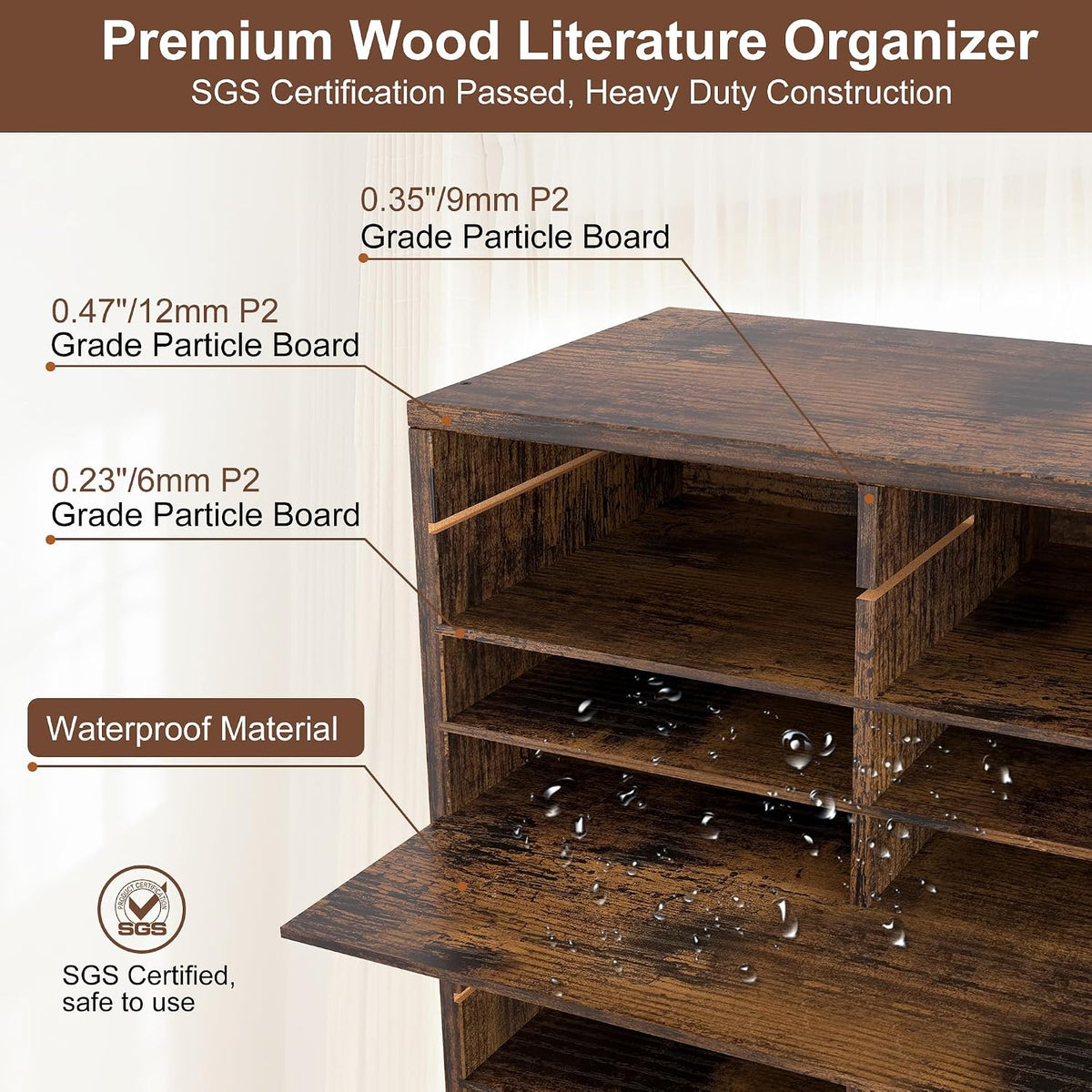 12 Compartments Wooden Literature Organizer with Adjustable Shelves, 6000 Sheets Capacity Paper Organizer, Classroom Mailbox and Mail Sorter for Teachers and Office, Retro Gray/White