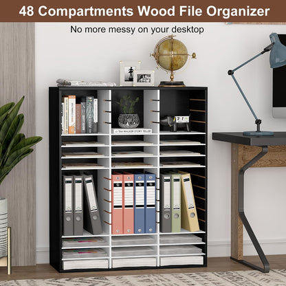 12 Compartments Wooden Literature Organizer with Adjustable Shelves, 6000 Sheets Capacity Paper Organizer, Classroom Mailbox and Mail Sorter for Teachers and Office, Retro Gray/White