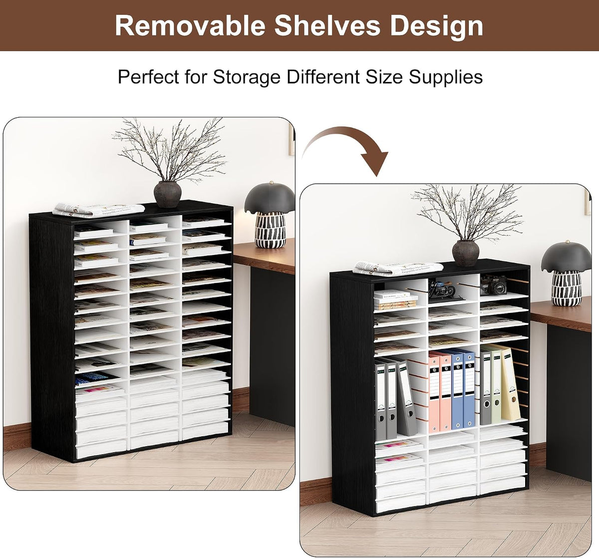 12 Compartments Wooden Literature Organizer with Adjustable Shelves, 6000 Sheets Capacity Paper Organizer, Classroom Mailbox and Mail Sorter for Teachers and Office, Retro Gray/White