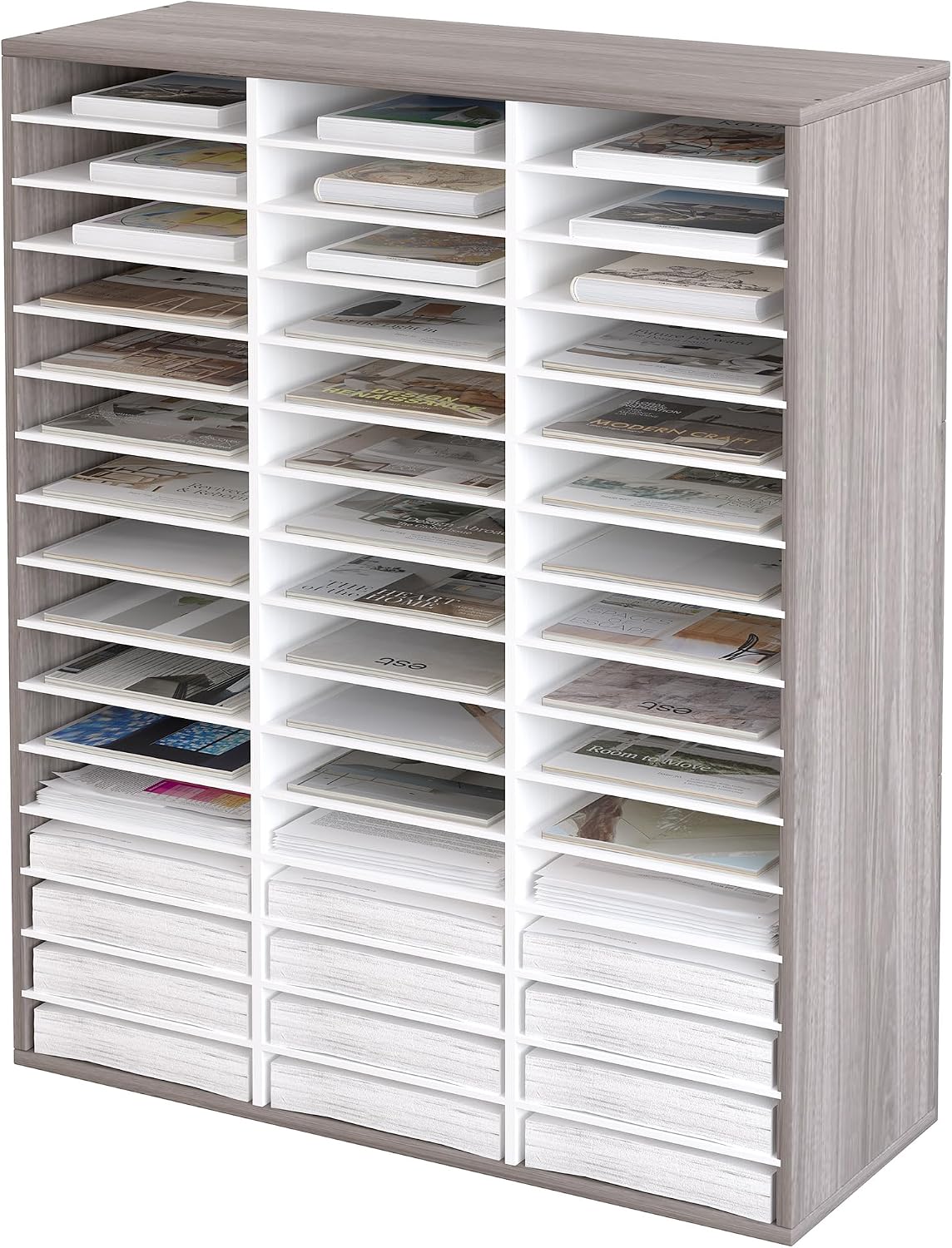 12 Compartments Wooden Literature Organizer with Adjustable Shelves, 6000 Sheets Capacity Paper Organizer, Classroom Mailbox and Mail Sorter for Teachers and Office, Retro Gray/White