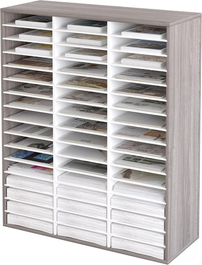 12 Compartments Wooden Literature Organizer with Adjustable Shelves, 6000 Sheets Capacity Paper Organizer, Classroom Mailbox and Mail Sorter for Teachers and Office, Retro Gray/White