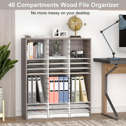 12 Compartments Wooden Literature Organizer with Adjustable Shelves, 6000 Sheets Capacity Paper Organizer, Classroom Mailbox and Mail Sorter for Teachers and Office, Retro Gray/White