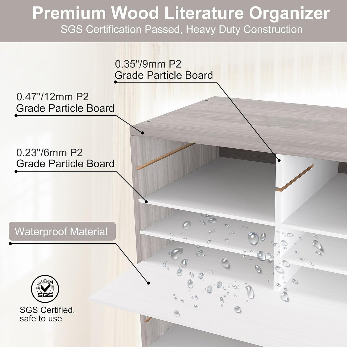 12 Compartments Wooden Literature Organizer with Adjustable Shelves, 6000 Sheets Capacity Paper Organizer, Classroom Mailbox and Mail Sorter for Teachers and Office, Retro Gray/White