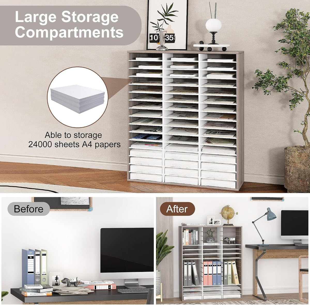 12 Compartments Wooden Literature Organizer with Adjustable Shelves, 6000 Sheets Capacity Paper Organizer, Classroom Mailbox and Mail Sorter for Teachers and Office, Retro Gray/White