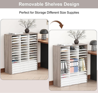 12 Compartments Wooden Literature Organizer with Adjustable Shelves, 6000 Sheets Capacity Paper Organizer, Classroom Mailbox and Mail Sorter for Teachers and Office, Retro Gray/White