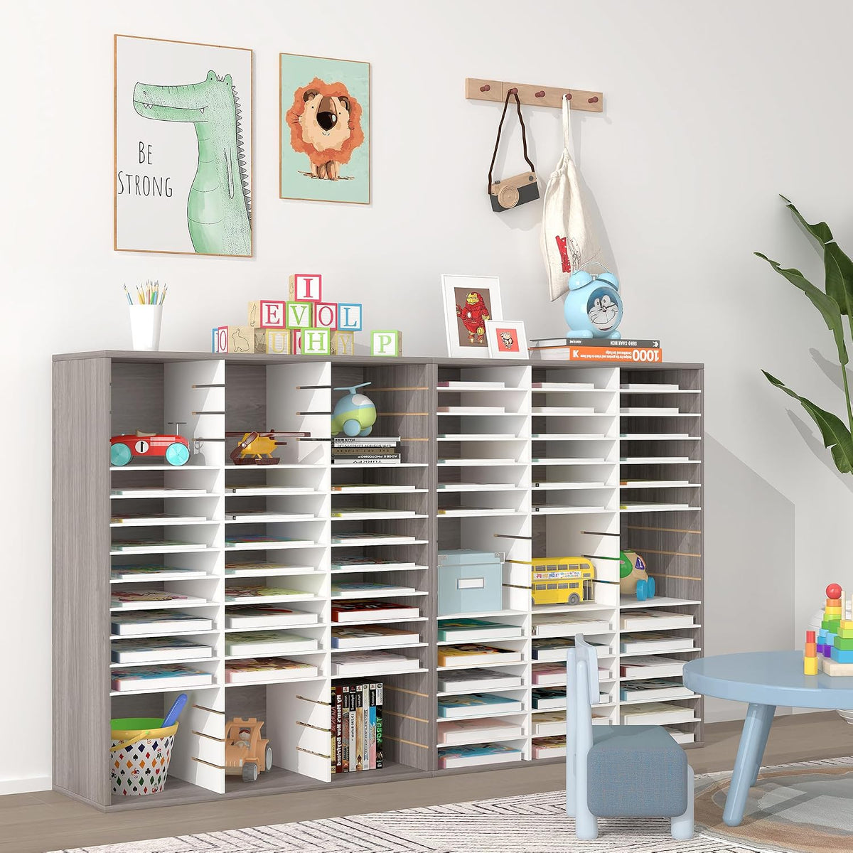 12 Compartments Wooden Literature Organizer with Adjustable Shelves, 6000 Sheets Capacity Paper Organizer, Classroom Mailbox and Mail Sorter for Teachers and Office, Retro Gray/White