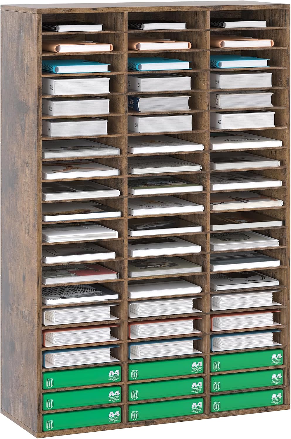 12 Compartments Wooden Literature Organizer with Adjustable Shelves, 6000 Sheets Capacity Paper Organizer, Classroom Mailbox and Mail Sorter for Teachers and Office, Retro Gray/White