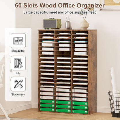 12 Compartments Wooden Literature Organizer with Adjustable Shelves, 6000 Sheets Capacity Paper Organizer, Classroom Mailbox and Mail Sorter for Teachers and Office, Retro Gray/White