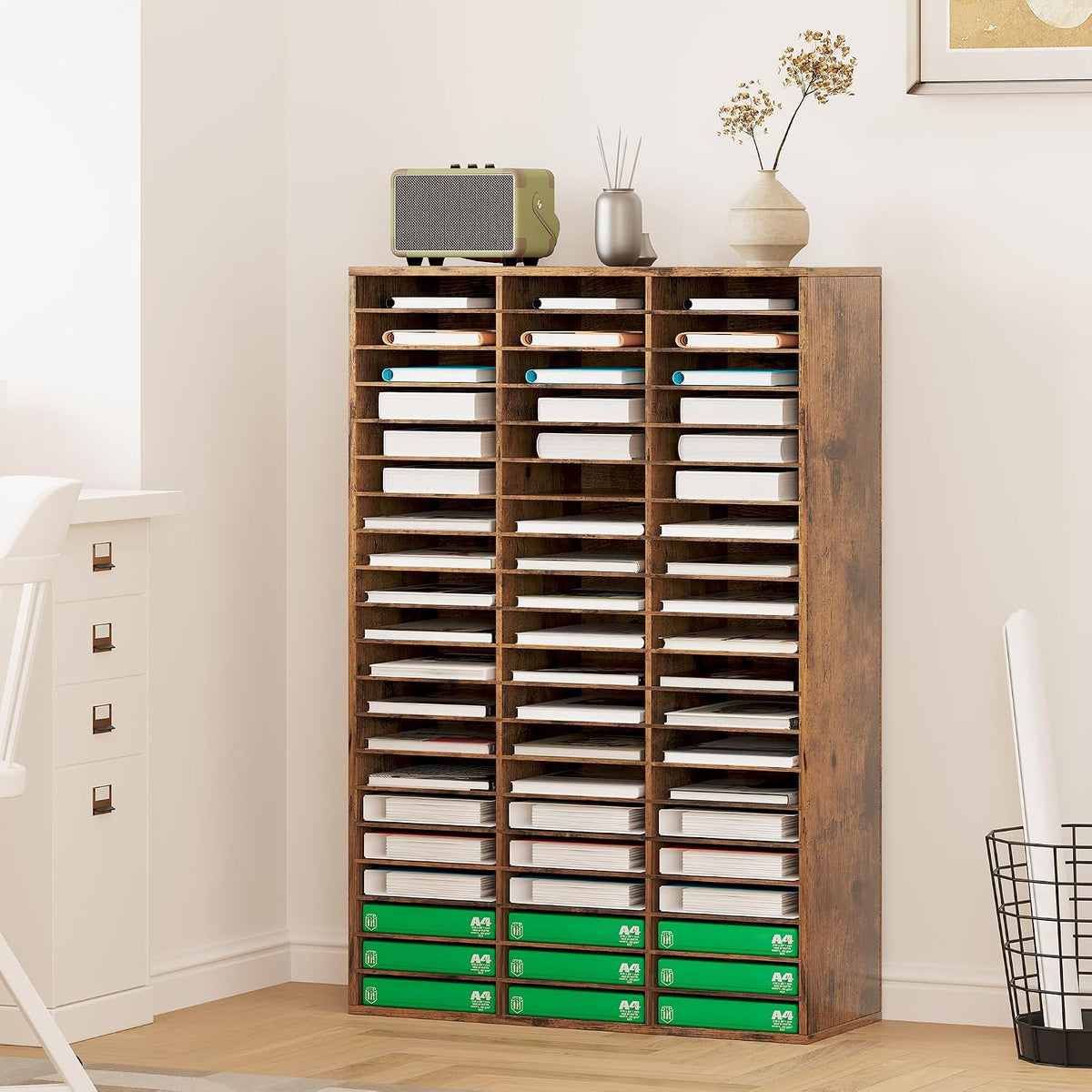 12 Compartments Wooden Literature Organizer with Adjustable Shelves, 6000 Sheets Capacity Paper Organizer, Classroom Mailbox and Mail Sorter for Teachers and Office, Retro Gray/White