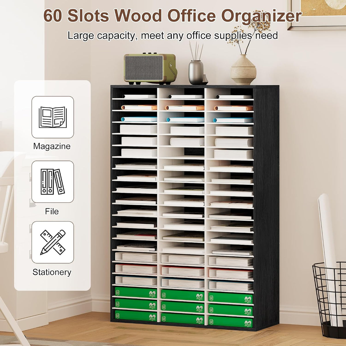 12 Compartments Wooden Literature Organizer with Adjustable Shelves, 6000 Sheets Capacity Paper Organizer, Classroom Mailbox and Mail Sorter for Teachers and Office, Retro Gray/White