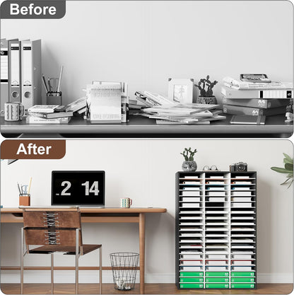 12 Compartments Wooden Literature Organizer with Adjustable Shelves, 6000 Sheets Capacity Paper Organizer, Classroom Mailbox and Mail Sorter for Teachers and Office, Retro Gray/White