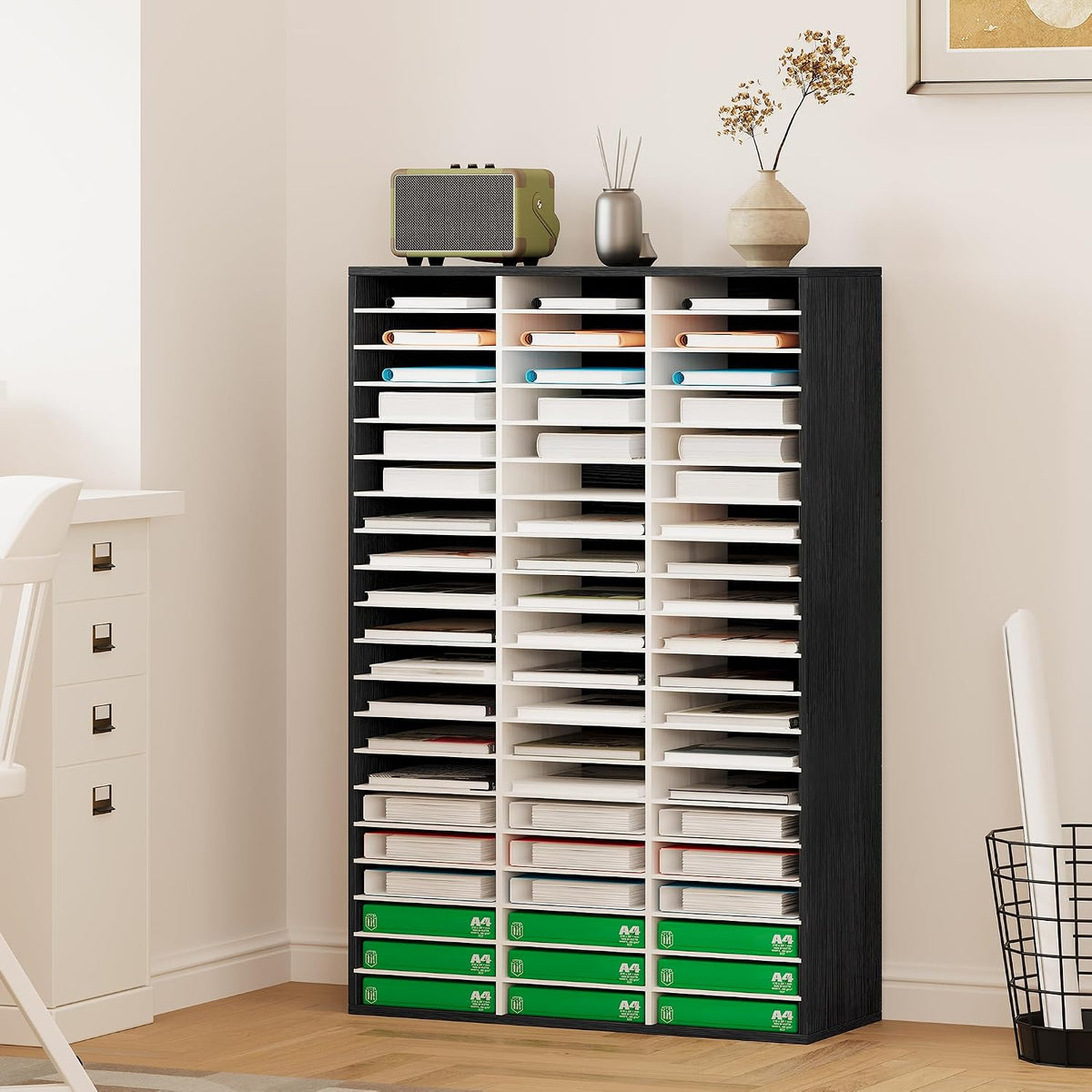 12 Compartments Wooden Literature Organizer with Adjustable Shelves, 6000 Sheets Capacity Paper Organizer, Classroom Mailbox and Mail Sorter for Teachers and Office, Retro Gray/White