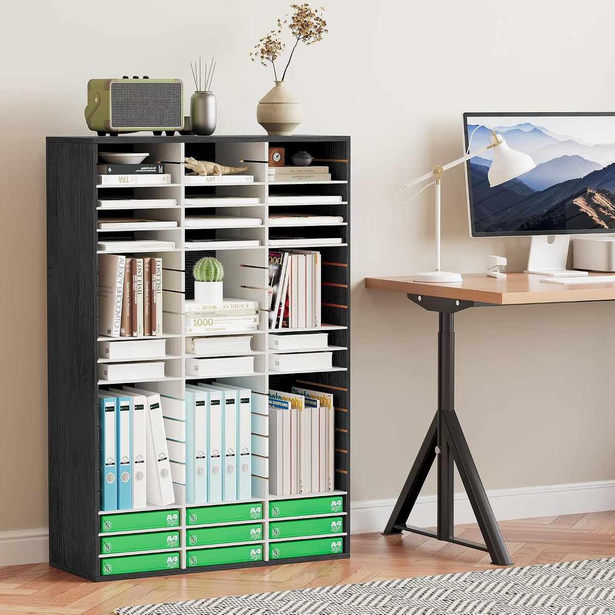 12 Compartments Wooden Literature Organizer with Adjustable Shelves, 6000 Sheets Capacity Paper Organizer, Classroom Mailbox and Mail Sorter for Teachers and Office, Retro Gray/White