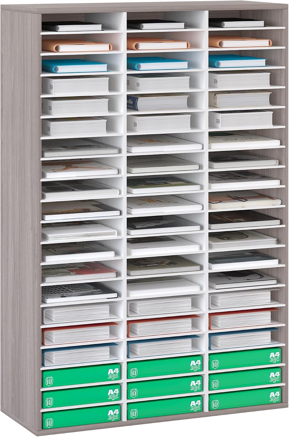 12 Compartments Wooden Literature Organizer with Adjustable Shelves, 6000 Sheets Capacity Paper Organizer, Classroom Mailbox and Mail Sorter for Teachers and Office, Retro Gray/White