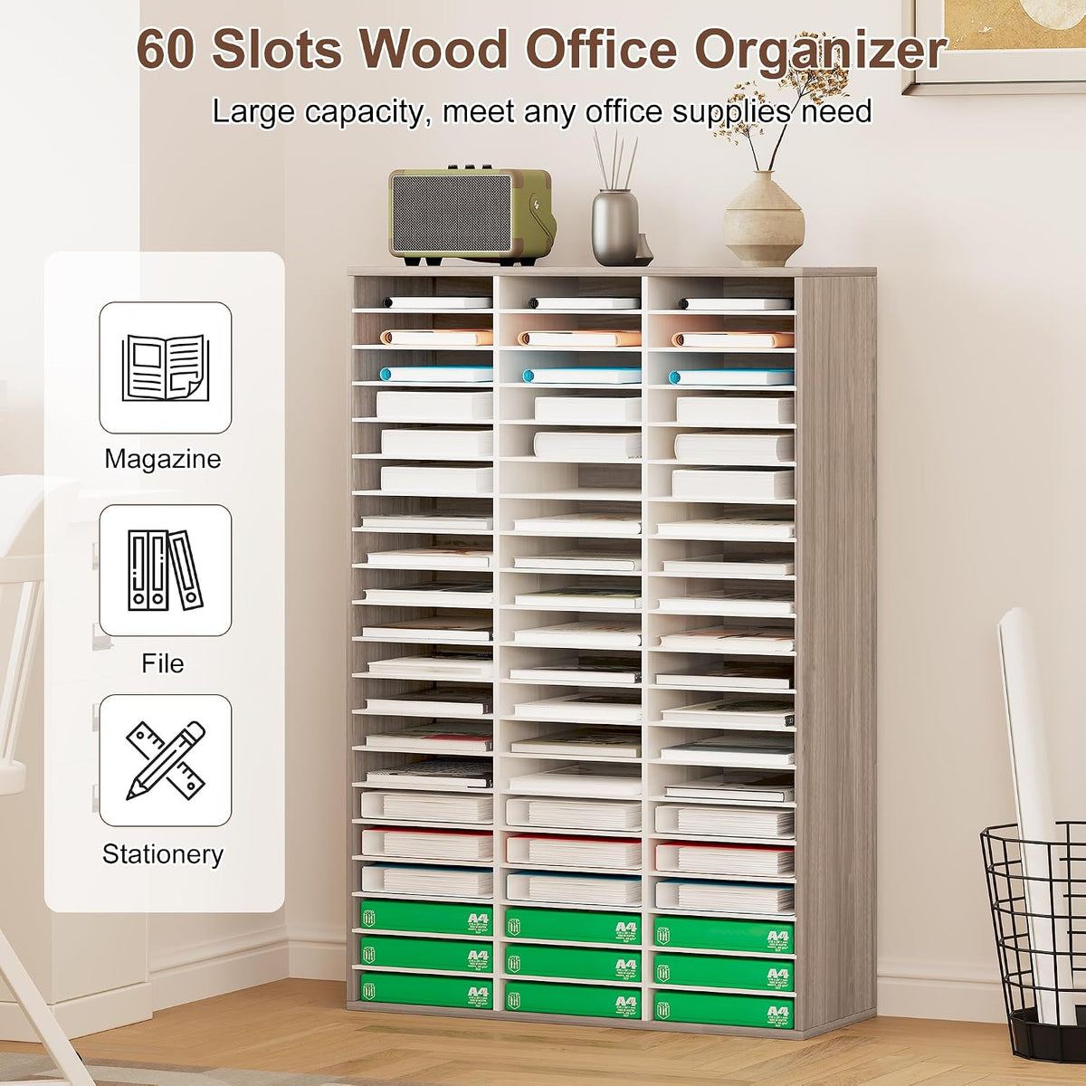 12 Compartments Wooden Literature Organizer with Adjustable Shelves, 6000 Sheets Capacity Paper Organizer, Classroom Mailbox and Mail Sorter for Teachers and Office, Retro Gray/White