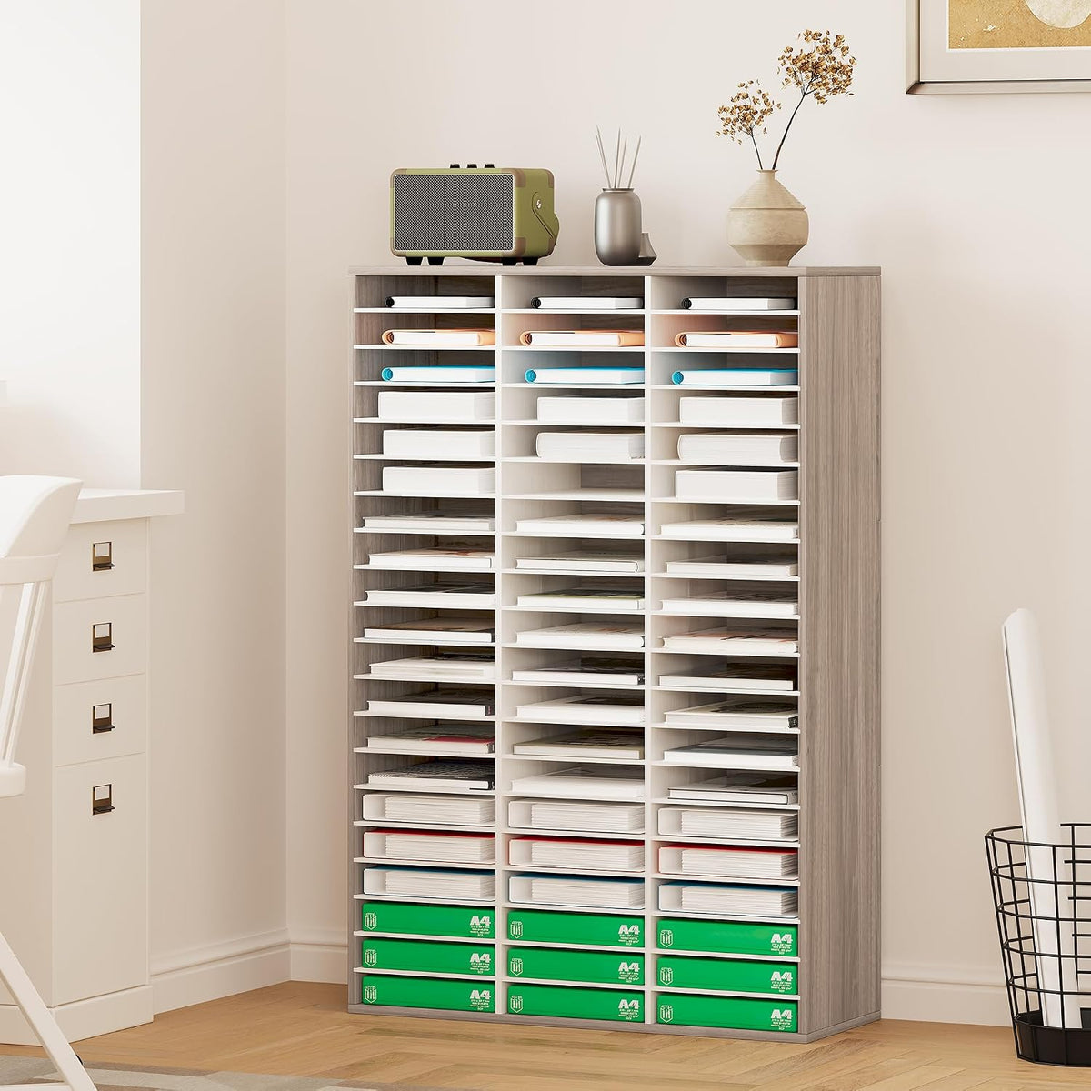 12 Compartments Wooden Literature Organizer with Adjustable Shelves, 6000 Sheets Capacity Paper Organizer, Classroom Mailbox and Mail Sorter for Teachers and Office, Retro Gray/White