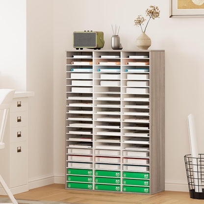 12 Compartments Wooden Literature Organizer with Adjustable Shelves, 6000 Sheets Capacity Paper Organizer, Classroom Mailbox and Mail Sorter for Teachers and Office, Retro Gray/White